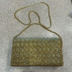 Vintage 1960 Art Deco/Nouveau Gold/yellow hand Beaded evening purse/bag
